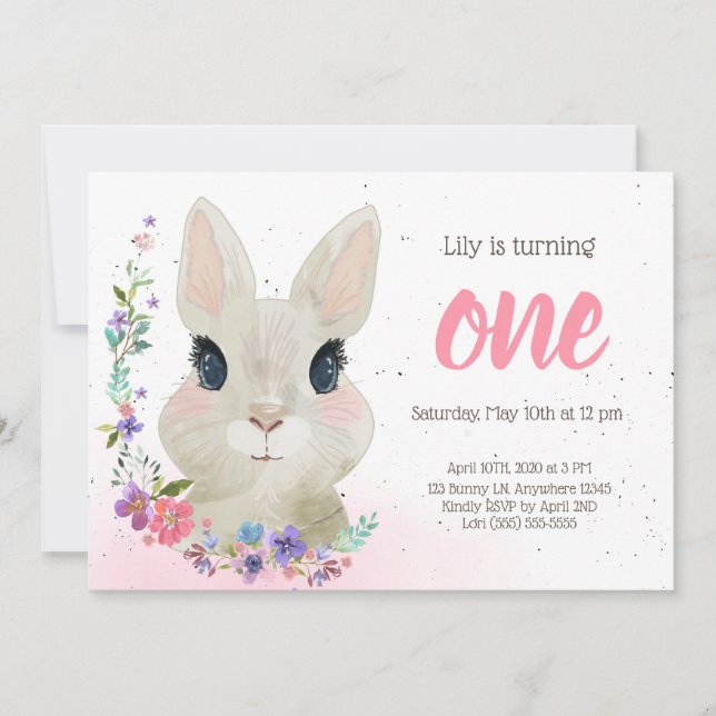 Floral Bunny Invitation de fête d'anniversaire | P (Devant)