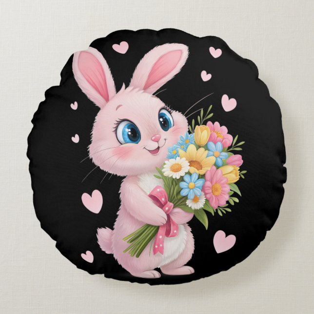 "Floral Bunny Joy – Adorable Decorative Round Pillow (Front)
