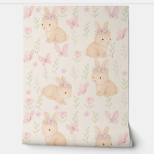 Floral Bunny Nursery Wallpaper – Soft Pink 