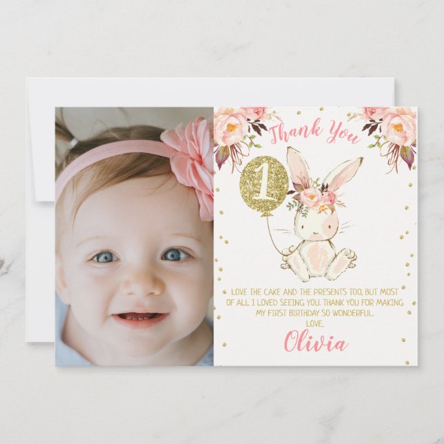Floral Bunny Photo 1er anniversaire Carte de remer (Devant)