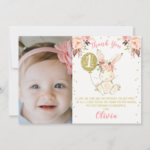 Floral Bunny Photo 1st Birthday Thank You Card