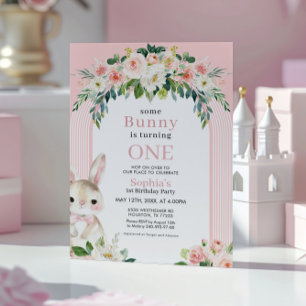 Floral Bunny Rabbit 1st Birthday Invitation