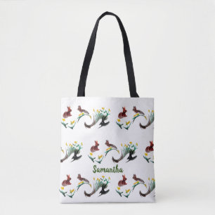Floral Bunny Rabbits Pattern Personalized Tote Bag