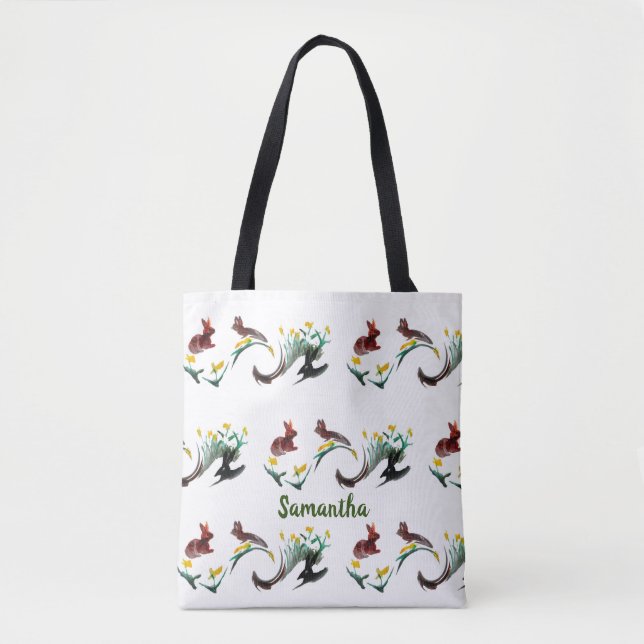 Floral Bunny Rabbits Pattern Personalized Tote Bag (Front)
