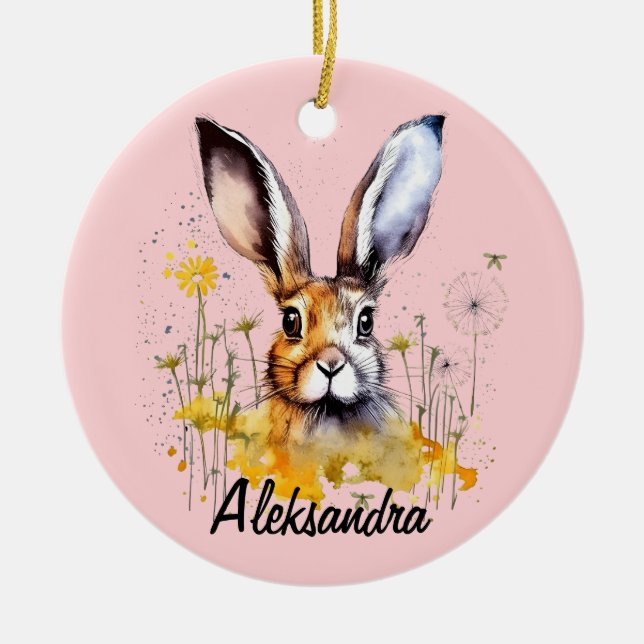 Floral Bunny with Yellow Dandelions Ceramic Ornament (Front)