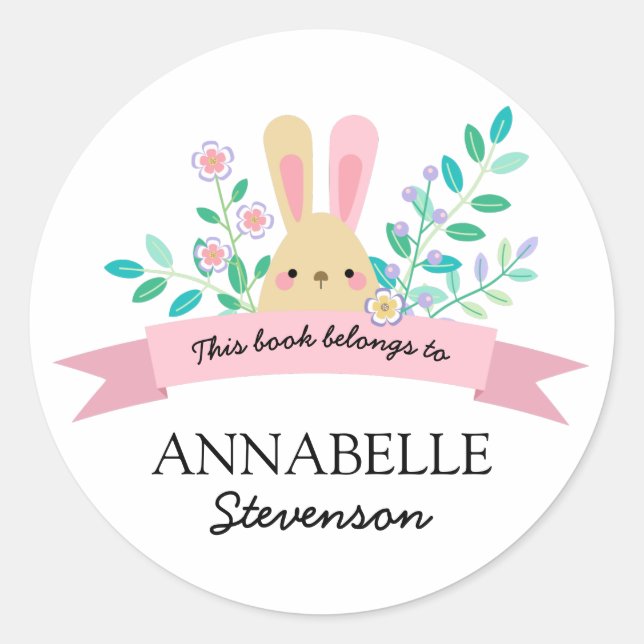 Floral Bunny | Yellow & Pink This Book Belongs To Classic Round Sticker (Front)