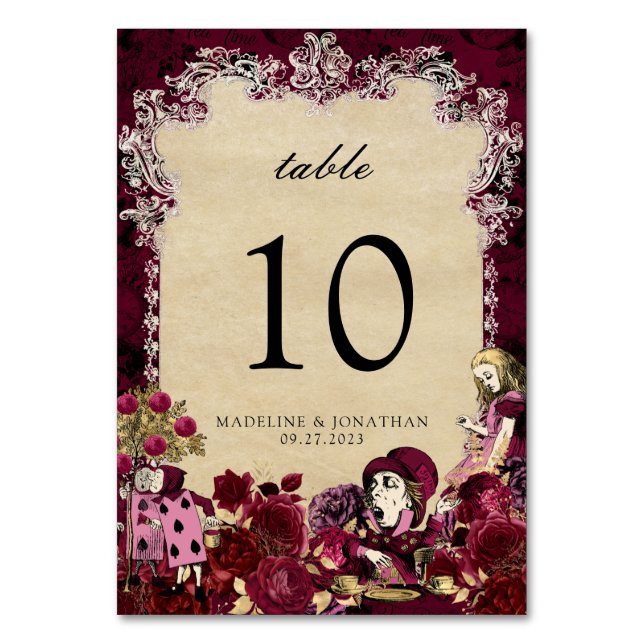 Floral Burgundy and Gold Alice in Worderland Table Number (Front)