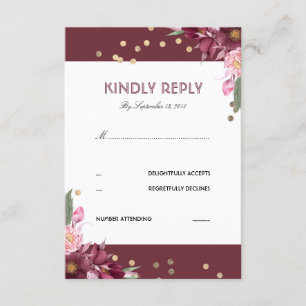 Floral Burgundy and Gold Dots Wedding RSVP Card
