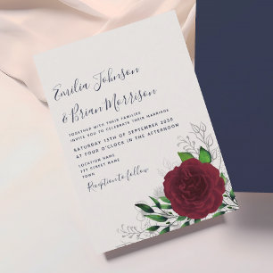 Floral Burgundy and Navy Blue Wedding Invitation