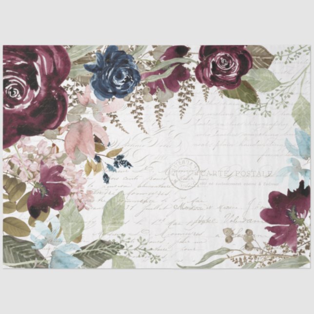 Floral Burgundy and Navy Script Ephemera Decoupage Tissue Paper (Front)