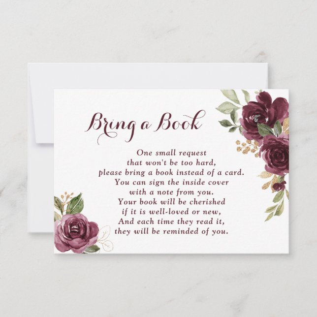 Floral Burgundy Baby Shower Bring a Book RSVP Card (Front)