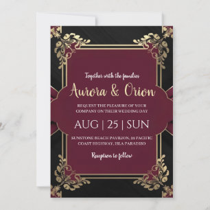 floral burgundy black and gold wedding invitations