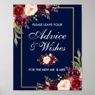 Floral Burgundy Blue Gold Wedding Advice Wishes Poster