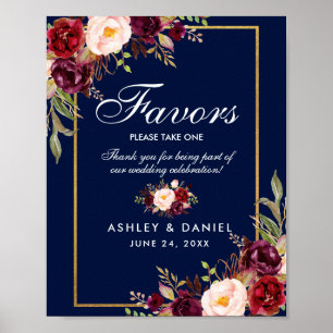 Floral Burgundy Blue Gold Wedding Favours Poster