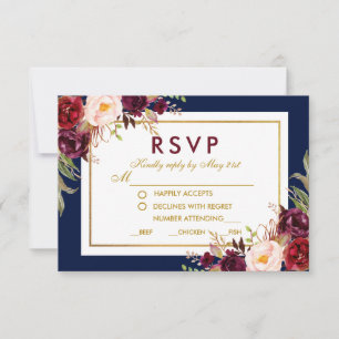Floral Burgundy Blue Gold Wedding RSVP Card
