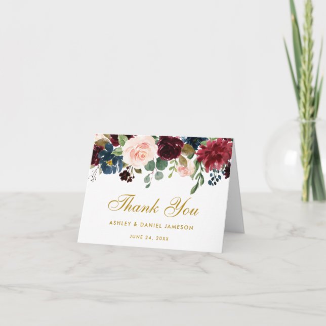 Floral Burgundy Blue Mariage Gold Merci carte de n (Devant)