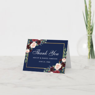 Floral Burgundy Blue Mariage Merci carte de note