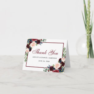 Floral Burgundy Blue Mariage Merci carte de note
