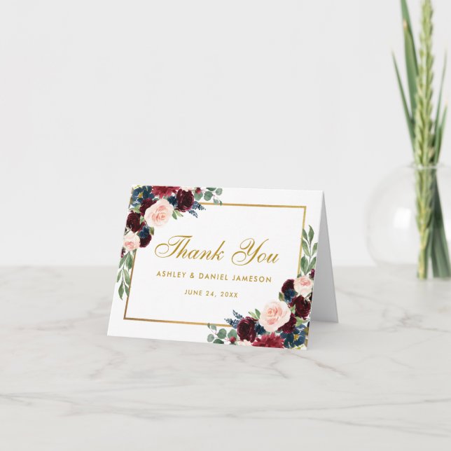 Floral Burgundy Blue Wedding Gold Thanks Note Card (Front)