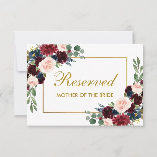 Floral Burgundy Blue Wedding Reserved Guest Place Card (Front)