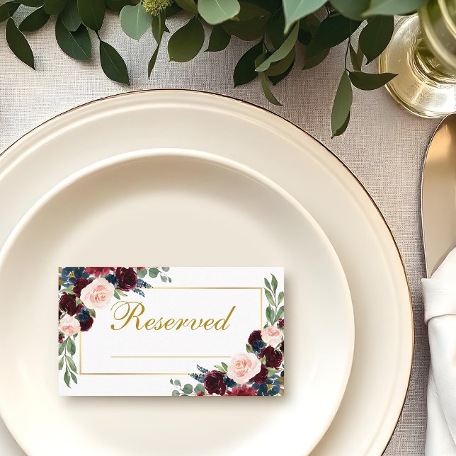 Floral Burgundy Blue Wedding Reserved Write Name Place Card (Customize to change text color, style or to add more text to front or back.)