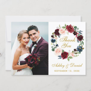 Floral Burgundy Blue Wreath Wedding Gold Thanks B Thank You Card