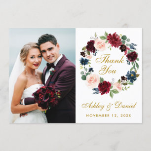 Floral Burgundy Blue Wreath Wedding Gold Thanks W Thank You Card