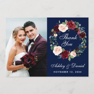 Floral Burgundy Blue Wreath Wedding Thanks Card