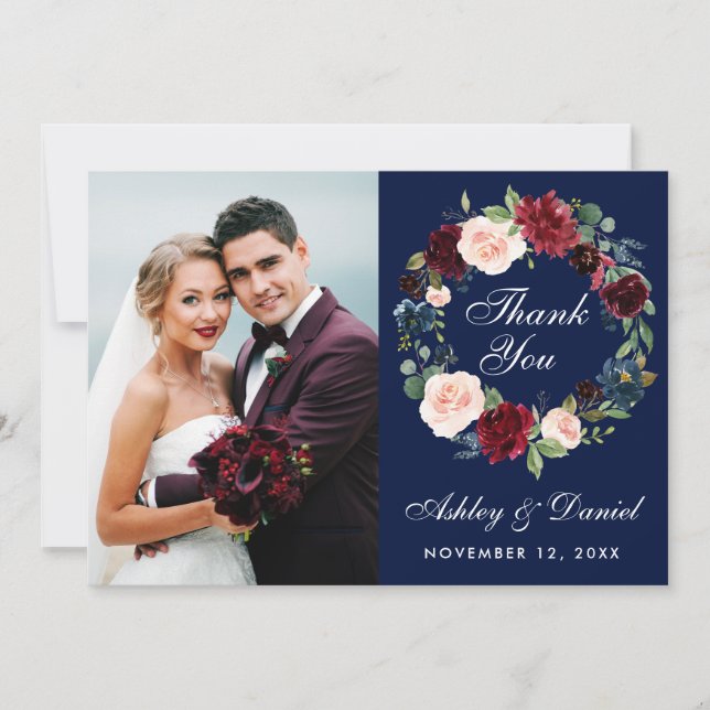 Floral Burgundy Blue Wreath Wedding Thanks Card (Front)