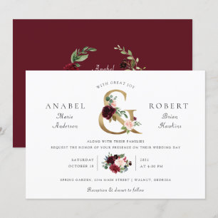 Floral Burgundy Blush Gold Ampersand Typography Invitation