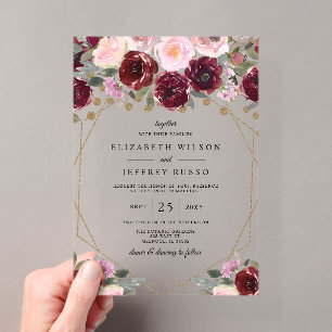 Floral Burgundy Blush Gold Geometric Wedding Acrylic Invitations