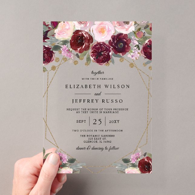 Floral Burgundy Blush Gold Geometric Wedding  Acrylic Invitations (Insitu (Handheld))