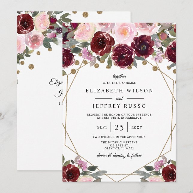 Floral Burgundy Blush Gold Geometric Wedding  Invitation (Front/Back)