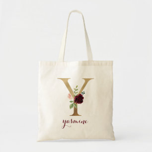 Floral Burgundy Blush Gold Monogram Letter "Y" Tote Bag