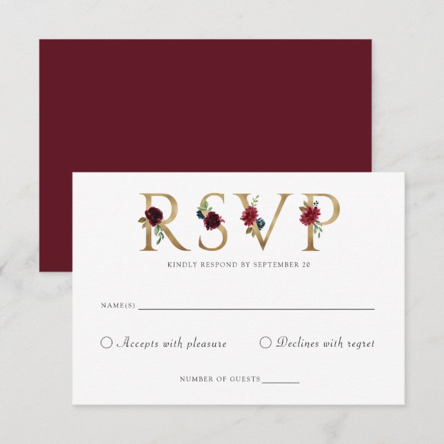 Floral Burgundy Blush Gold RSVP Respond Card (Front/Back)