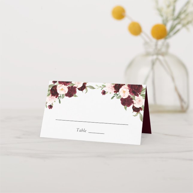 Floral Burgundy Blush Greenery Elegant Wedding Place Card (Front)