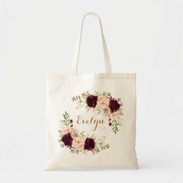 Floral Burgundy Blush Greenery Gold Personalized Tote Bag (Front)