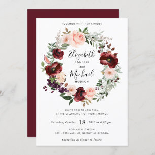 Floral Burgundy Blush Greenery Wreath Invitation
