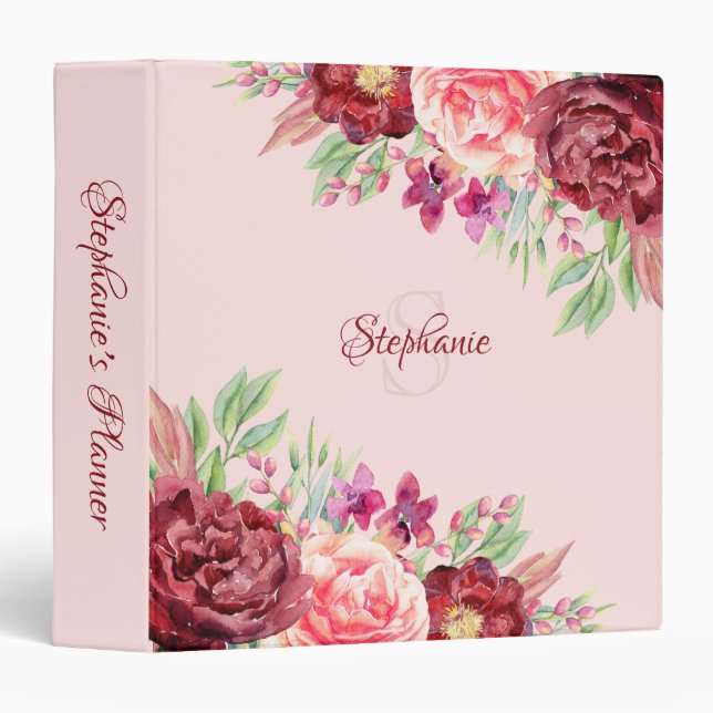 Floral Burgundy Blush Monogram Personalized Binder (Front/Spine)