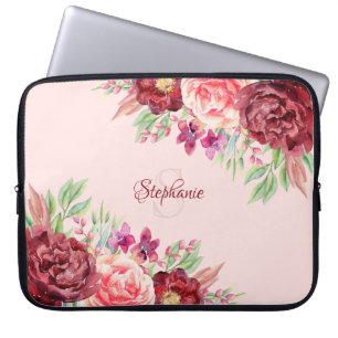 Floral Burgundy Blush Monogram Personalized Laptop Sleeve