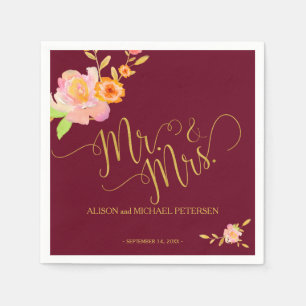 Floral burgundy blush mr and mrs wedding napkin
