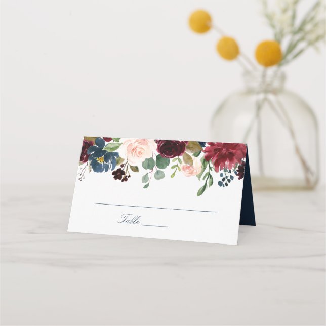 Floral Burgundy Blush Navy Elegant Place Card (Front)