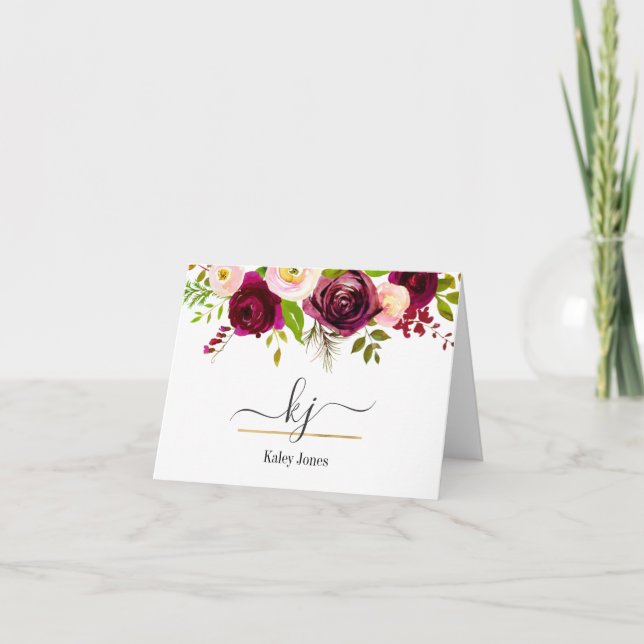 Floral Burgundy Blush Pink Botanical Monogram Note Thank You Card (Front)