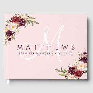 Floral Burgundy Blush Pink Modern Monogram Wedding Guest Book