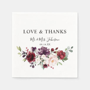 Floral Burgundy Blush Watercolor Love and Thanks Napkin