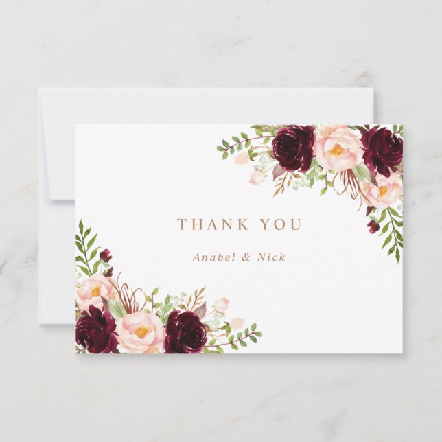 Floral Burgundy Blush Wine Greenery Thank You Card (Front)
