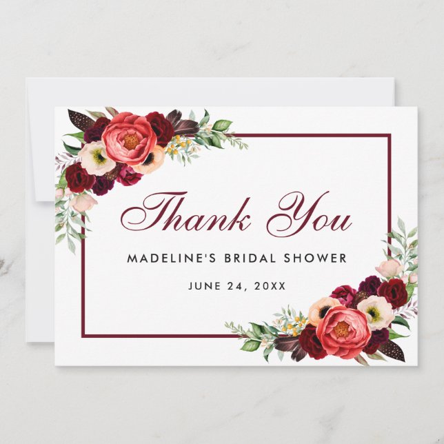 Floral Burgundy Boho Fête des mariées Merci Carte  (Devant)