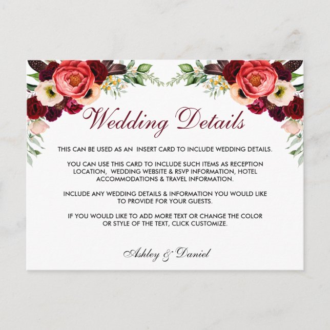 Floral Burgundy Boho Wedding Details Insert Card (Front)