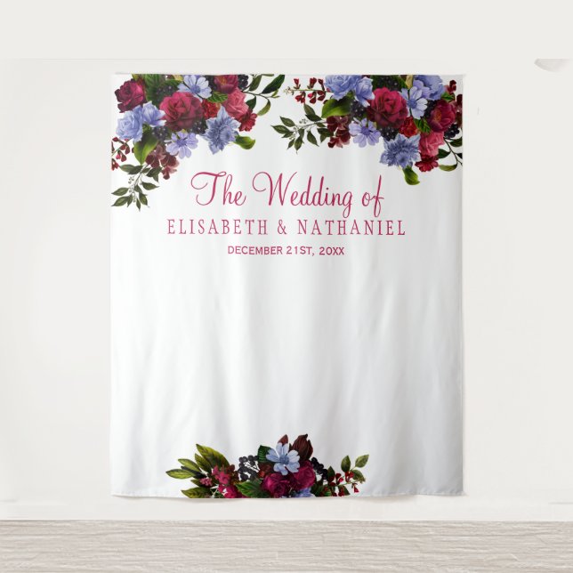 Floral burgundy chic wedding photo booth backdrop tapestry (Front)