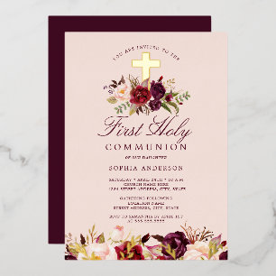 Floral Burgundy Cross Girls First Communion 
